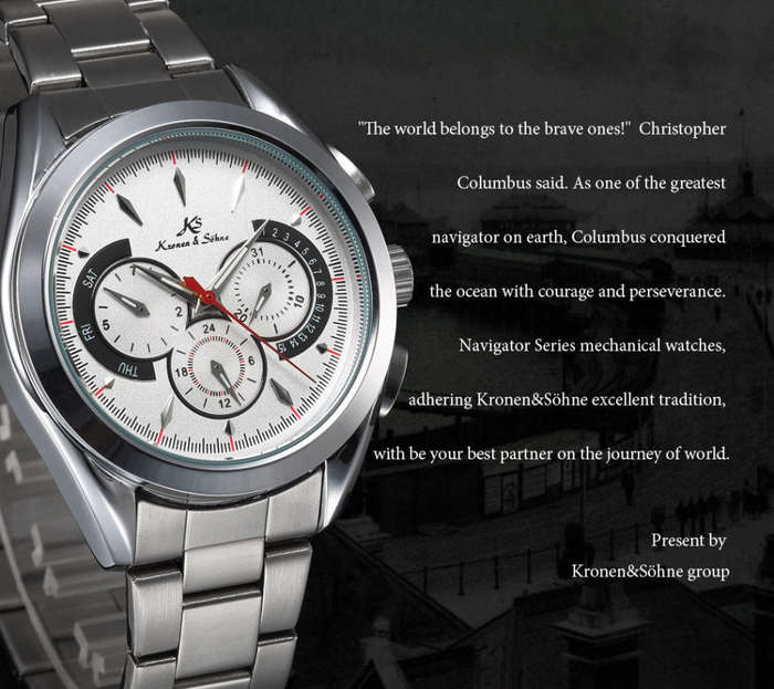 -I GENUINE I- KRONEN&SÖHNE NAVIGATOR WHITE DAY/DATE/24 HOURS AUTOMATIC MECHANICAL STEEL WRIST WATCH