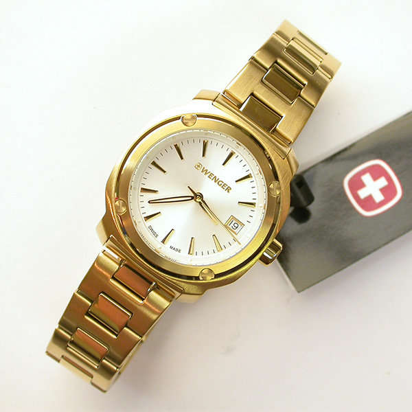SWISS MILITARY I WENGER I WHITE DIAL 33MM YELLOW GP 100M WR EDGE WATCH- 3 YEAR WARRANTY