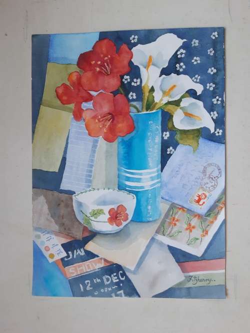 HIBISCUS, ARUMS and LETTER - An original painting by Liz Fitzhenry