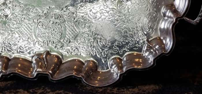 Large SILVER PLATED TRAY, Footed & Etched Silver Plate Tray, Oval Scalloped Edge Tray with Handles