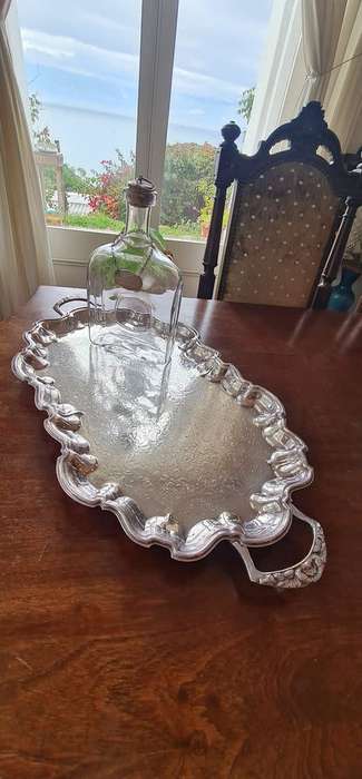 Large SILVER PLATED TRAY, Footed & Etched Silver Plate Tray, Oval Scalloped Edge Tray with Handles