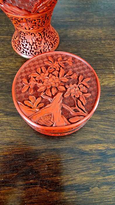 Exquisite Vintage Carved Cinnabar Vase & Lidded Box Set