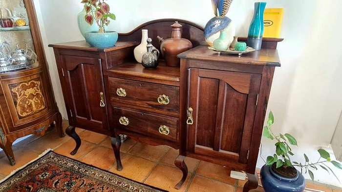 Antique Cape Dutch Stinkwood Sideboard with Glass Shelves  19th Century, 158cm Wide