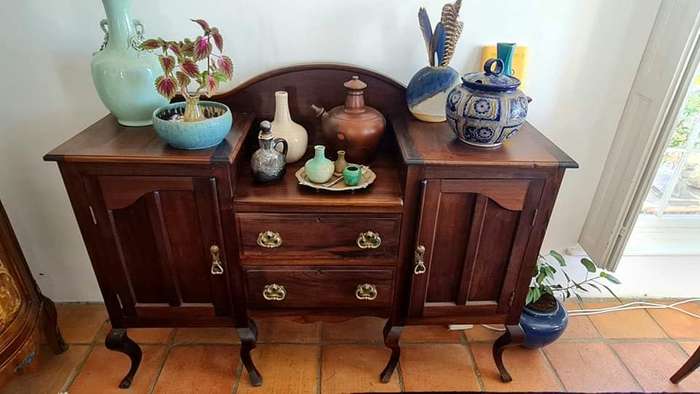 Antique Cape Dutch Stinkwood Sideboard with Glass Shelves  19th Century, 158cm Wide