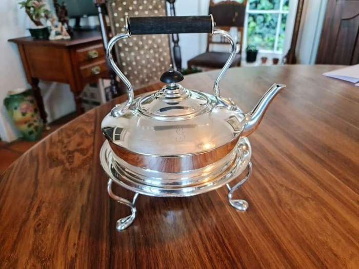 Elegant Silver Plate Kettle on Stand with Burner. The Kettle has a single monogram letter "G" on it