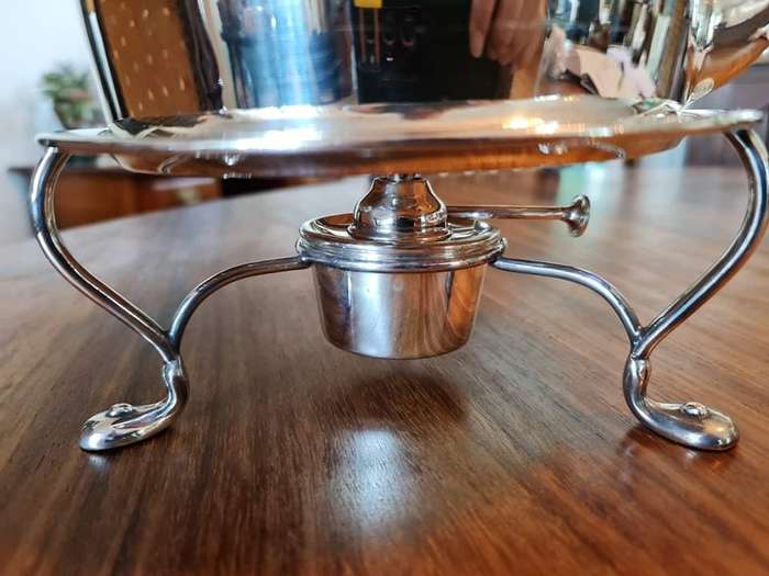 Elegant Silver Plate Kettle on Stand with Burner. The Kettle has a single monogram letter "G" on it