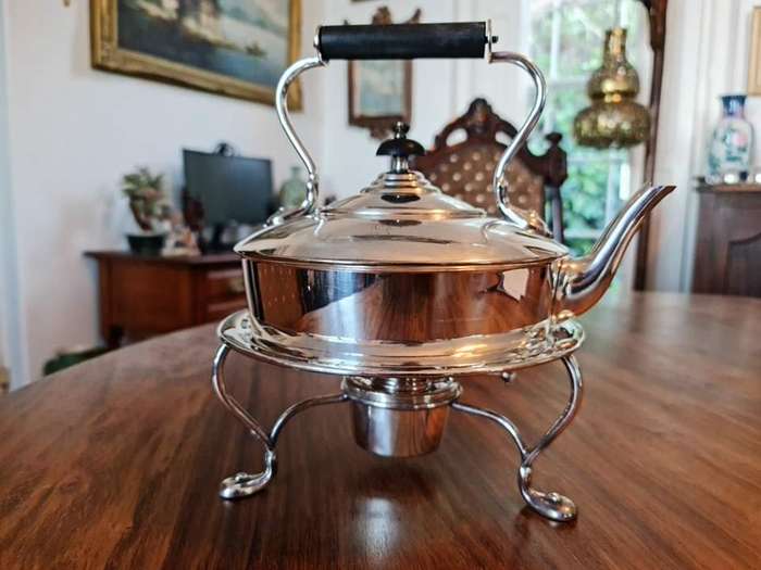 Elegant Silver Plate Kettle on Stand with Burner. The Kettle has a single monogram letter "G" on it