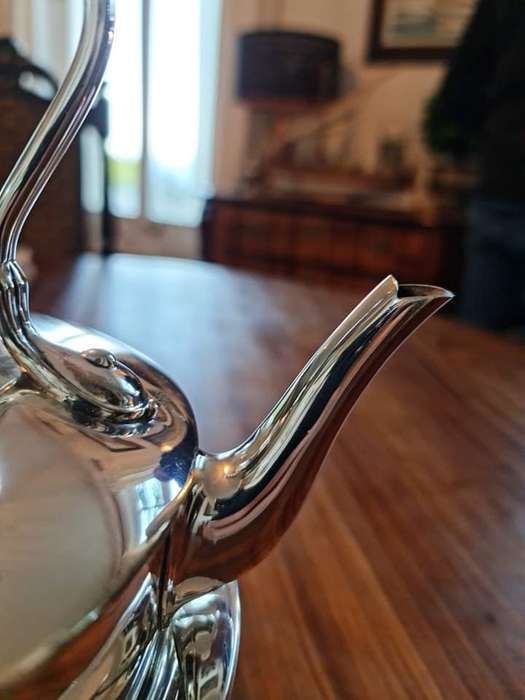 Elegant Silver Plate Kettle on Stand with Burner. The Kettle has a single monogram letter "G" on it