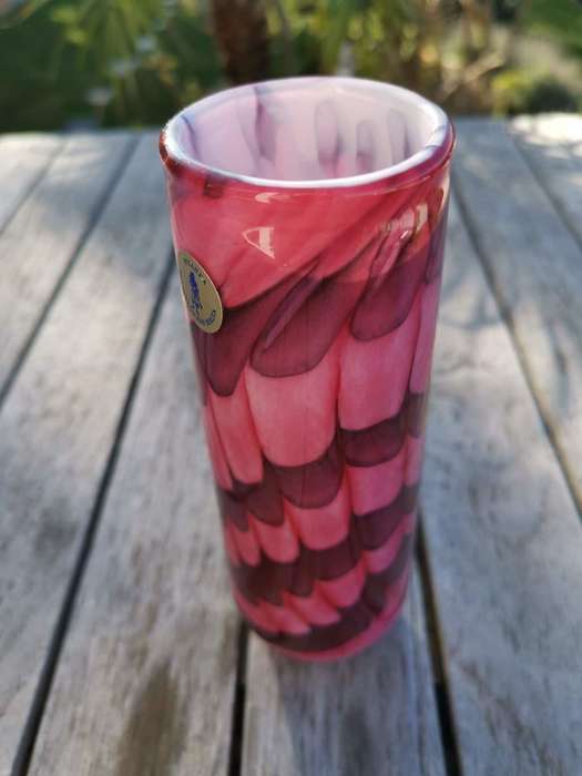 A wonderful organic pink, purple & white glass vase, made by Mtarfa of Malta, signed to base.