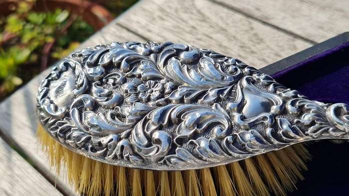 Exquisite antique three piece floral repousse STERLING SILVER dresser set