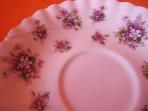 6 ROYAL ALBERT SWEET VIOLETS TRIOS. ONE BROKEN SAUCER