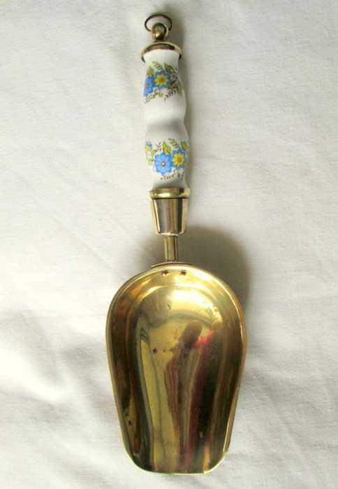 Vintage Grocer's Brass & Porcelain Scoop from Blisful