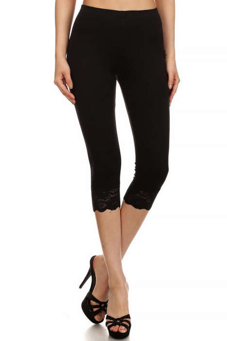 Cropped Leggings Lace Trim In Color Black