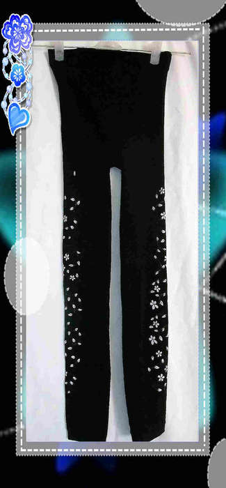 Black Leggings With White Floral Glitter Detail