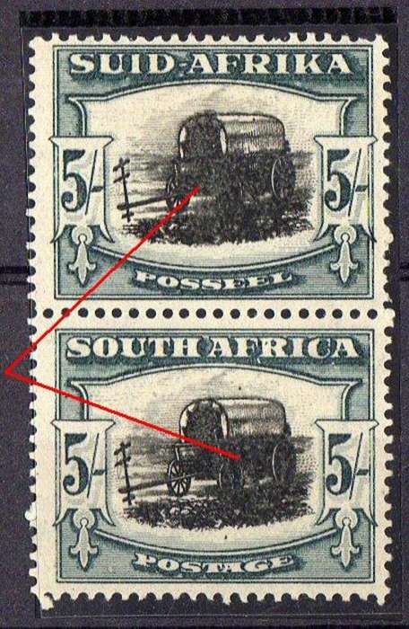SA 1933 5 shillings LMM vertical pair with  Variety heavy smudging of the black centres.