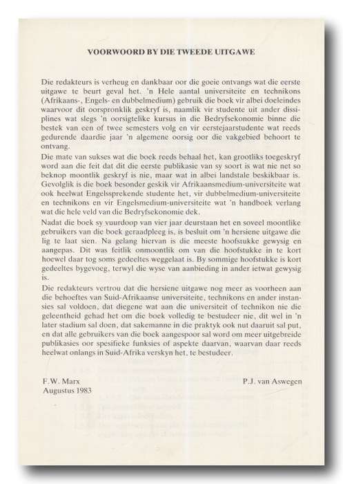 Die Bedryfsekonomie: `n kort oorsig deur Marx and Van Aswegen (Hersiene uitg 1983 HAUM)