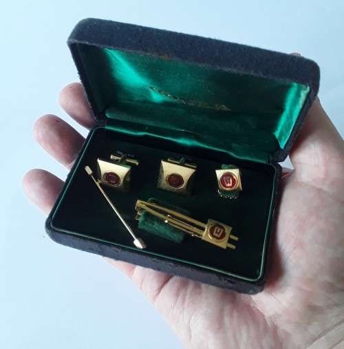 Original vintage 1960`s `Honda` cufflink, tie pin and tie tack promotional gift set with logo.