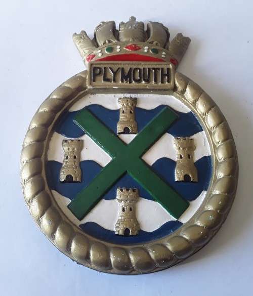 Vintage Hand-Painted Plaster Royal Navy Ship`s Crest Wall Plaque. `HMS Plymouth`.
