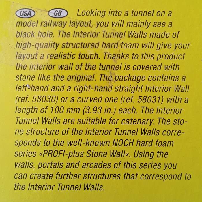 Noch Interior Tunnel Walls - 2-piece set (10cm). HO scale. Mint in box.