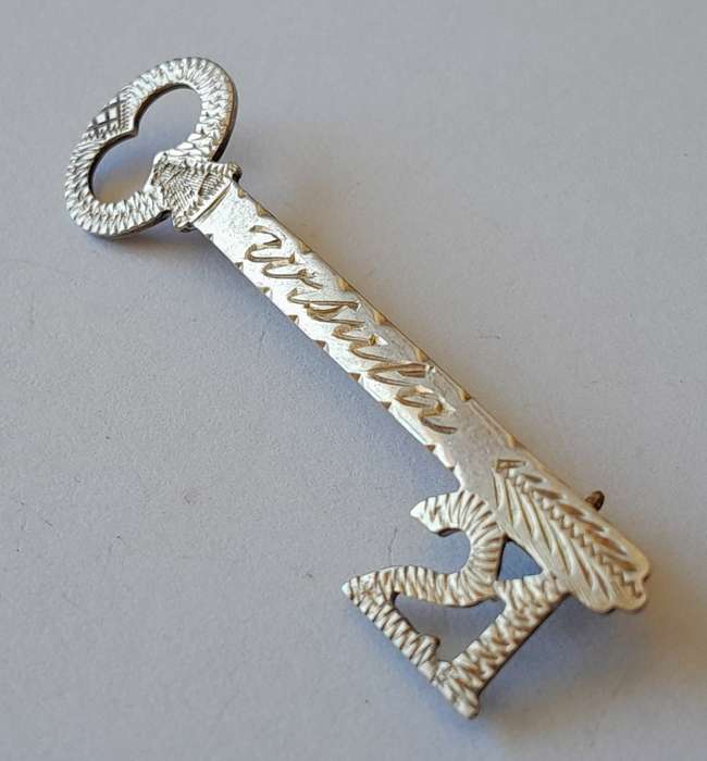 Vintage Solid Silver 21st Key Brooch. `Ursula`.