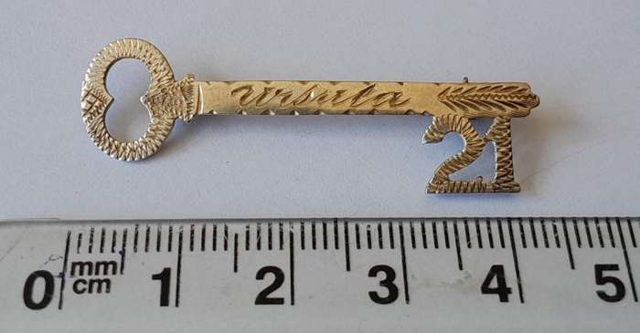 Vintage Solid Silver 21st Key Brooch. `Ursula`.