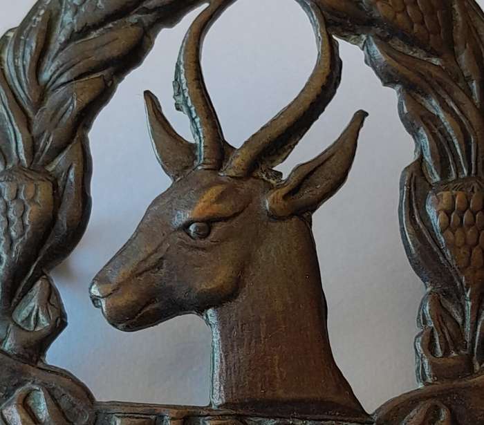 WW2 SA First Reserve Brigade Cap Badge. Bronzed Brass. Lugs Intact.