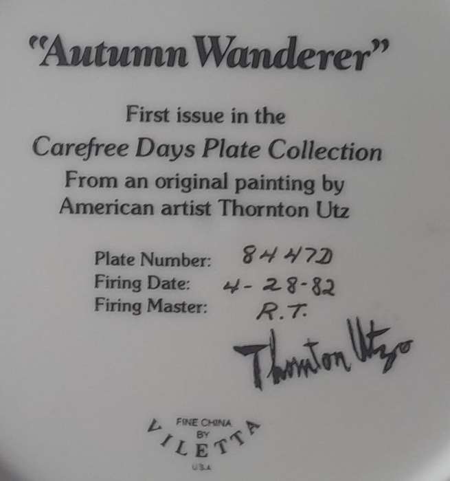 Vintage Plate By Viletta. `Autumn Wanderer ` By Artist `Thornton Utz`. Signed And Dated. 22 cm.