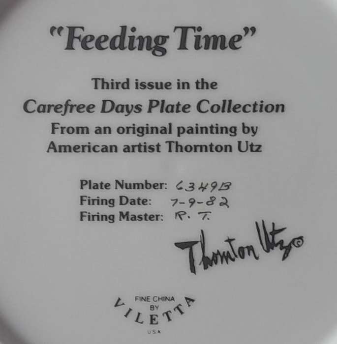 Vintage Plate By Viletta. `Feeding Time` By Artist `Thornton Utz`. Signed And Dated. 22 cm.