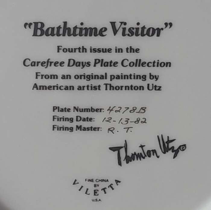 Vintage Plate By Viletta. `Bathtime Visitor` By Artist `Thornton Utz`. Signed And Dated. 22 cm.