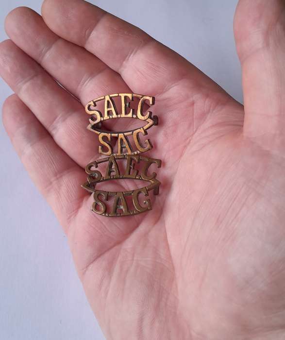Pair SA Army Engineer Corps Brass Titles. Lugs Intact.