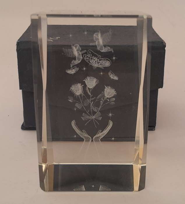 A Three-Dimensional Laser Etched Glass Crystal Paperweight In Original Case.