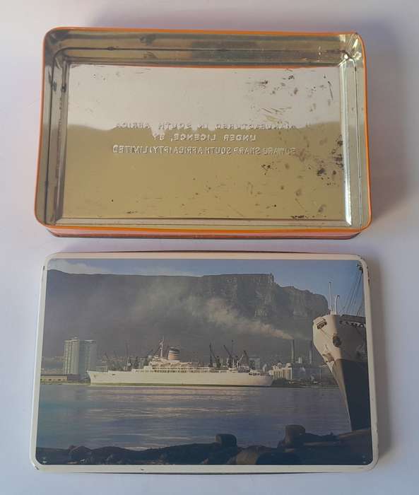 Vintage South African Tin By Edward Sharp. S.A. Vaal In Cape Town Harbour. 22.5 x 14.5cm.