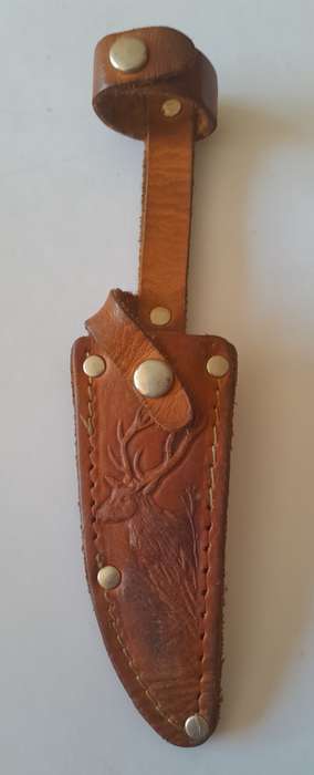 Vintage Solingen Germany Fixed-Blade Hunting Knife with Leather Sheath.  17cm
