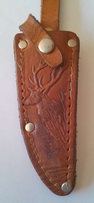 Vintage Solingen Germany Fixed-Blade Hunting Knife with Leather Sheath.  17cm