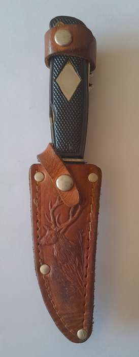 Vintage Solingen Germany Fixed-Blade Hunting Knife with Leather Sheath.  17cm