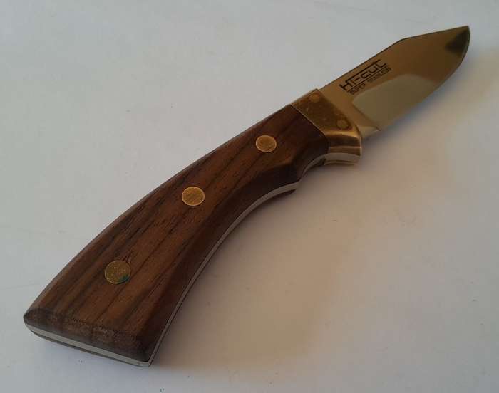 Vintage Hi-Cut Hunting Knife with Leather Sheath.  20.5cm.