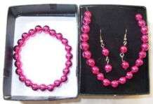 Faux Pearl Earring, Necklace and Bracelet Set - pink
