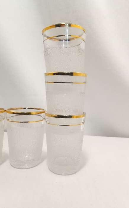 Six vintage sugar frosted gold rimmed shot glasses