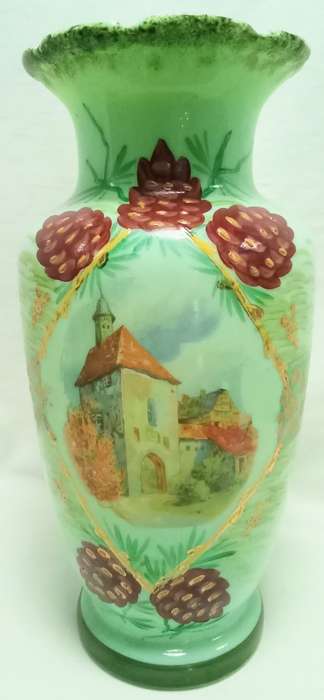 Stunning antique mint green hand painted Jadeite glass vase