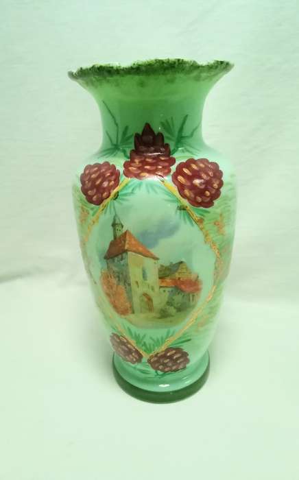 Stunning antique mint green hand painted Jadeite glass vase