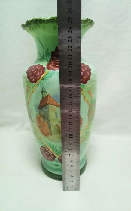 Stunning antique mint green hand painted Jadeite glass vase