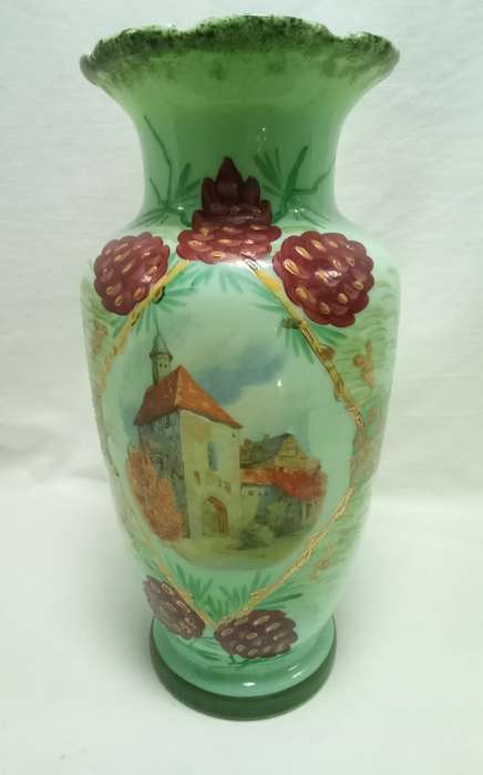 Stunning antique mint green hand painted Jadeite glass vase