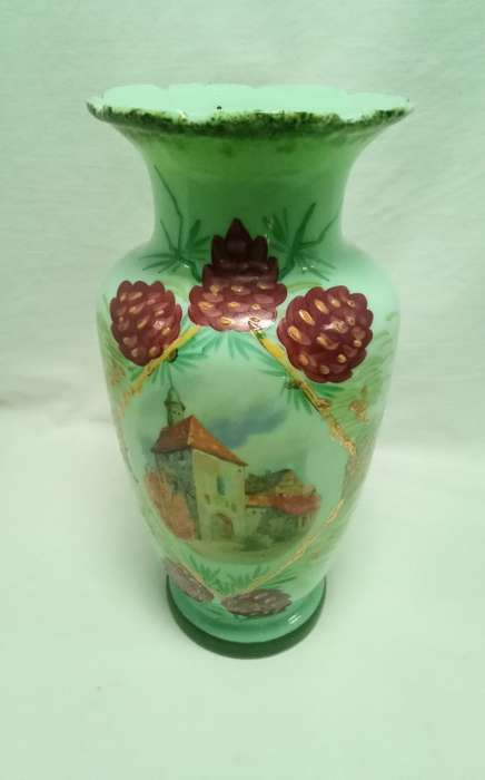 Stunning antique mint green hand painted Jadeite glass vase
