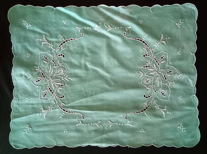 Beautiful embroidered vintage turquoise green tray cloth