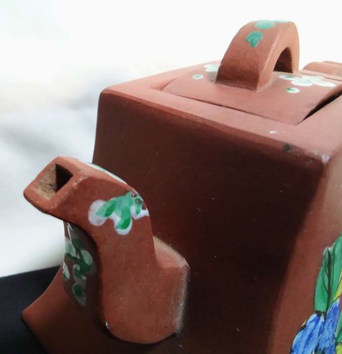 Antique Yixing Zisha Clay Teapot with Colorful Glaze Of flowers, signed.