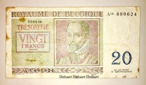 BELGIUM   20 FRANCS 1956