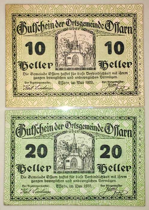 AUSTRIA SET X2,,,,20 HELLER & 10 HELLER 1920 UNC NOTGELD (EMERGENCY MONEY)
