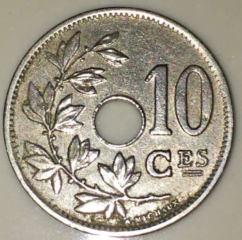 BELGIUM 10 CES  1921 ERROR COIN (DOUBLE 1 IN DATE)