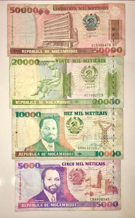 MOZAMBIQUE SET X4,,,50,000 METICAIS ,20,000 ,10,000 ,5000 METICAIS 1990s(1 BID TAKES ALL)