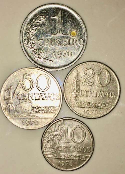 BRASIL SET X4,,,, 1 CRUZEIRO , 50 CENTAVOS 20 CEN ,10 CENTAVOS  1970(1 BID TAKES ALL)